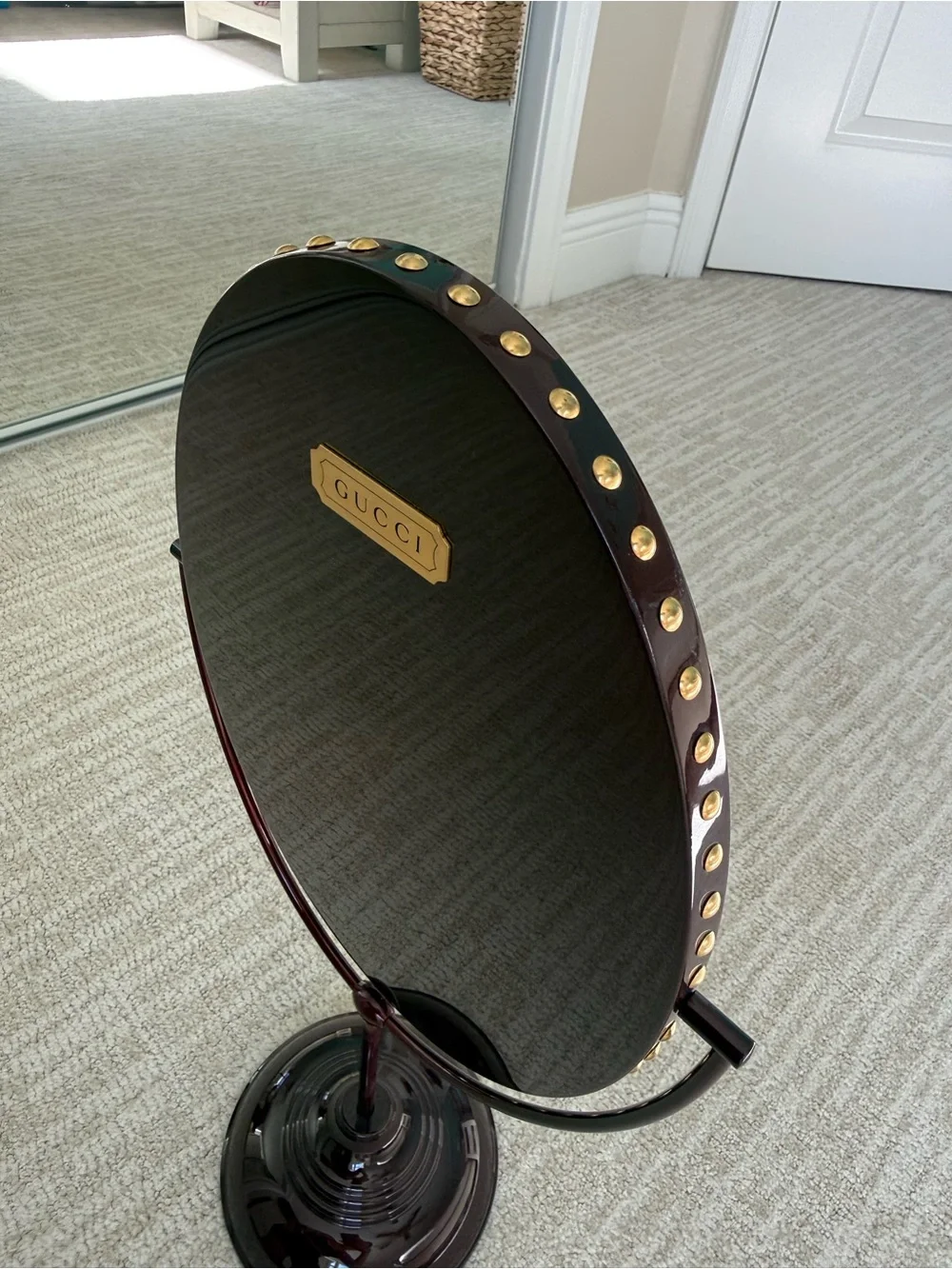 Gucci Oval Vanity Mirror in Dark Red with Gold Stud Trim